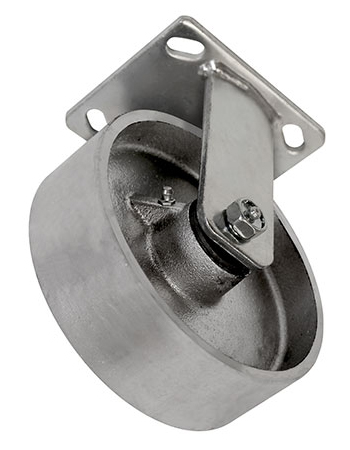 Angled bottom view of rigid caster with silver wheel